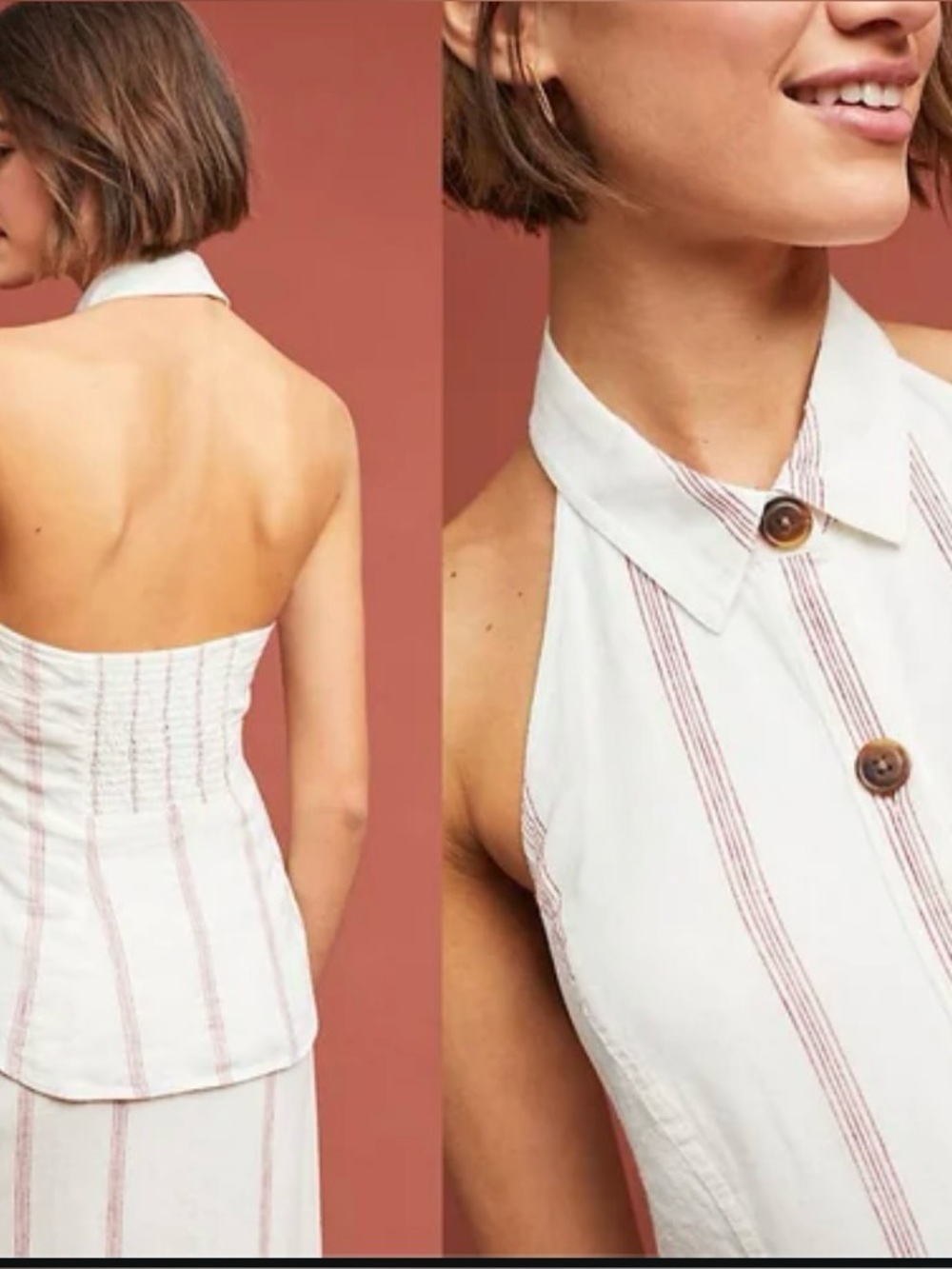 Anthropologie Chic Halter Button Top Smocked Back Striped Classy Y2K